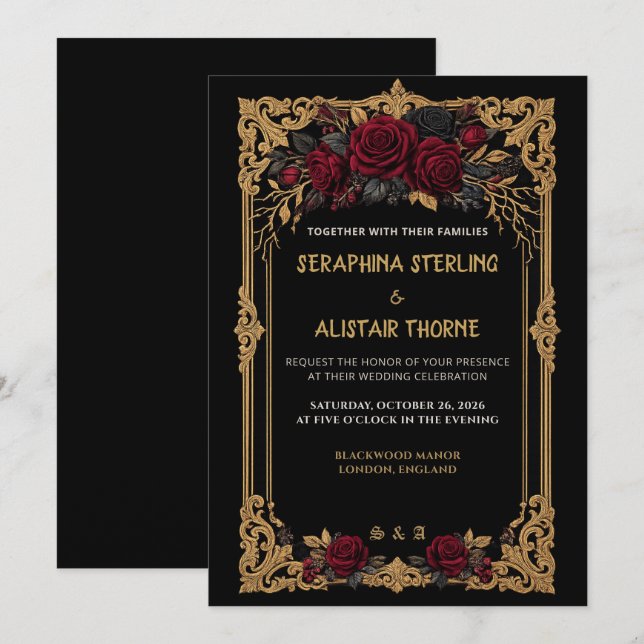 Faire invitation de mariage gothique noir rose or (Devant / Derrière)