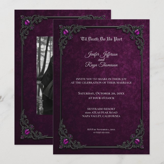 Faire invitation de mariage gothique violet (Devant / Derrière)