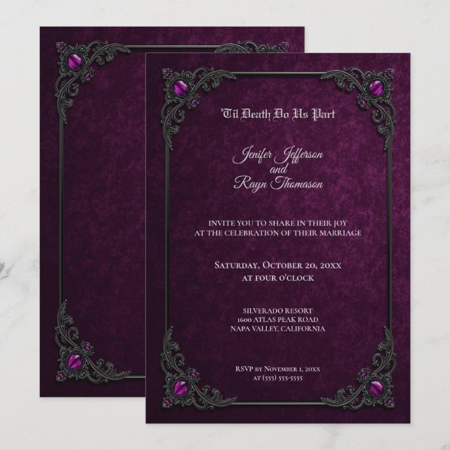 Faire invitation de mariage gothique violet (Devant / Derrière)