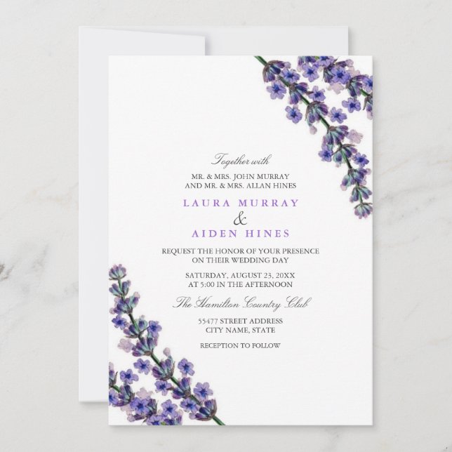 Faire invitation de mariage lavande élégante (Devant)