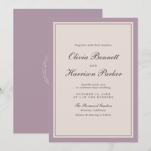 Faire invitation de mariage mauve et prune élégant (Devant / Derrière)