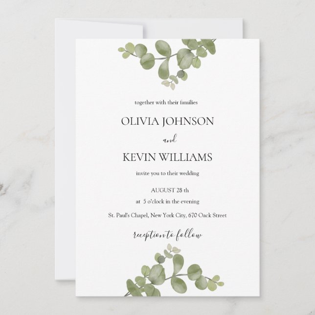 Faire invitation de mariage minimaliste eucalyptus (Devant)