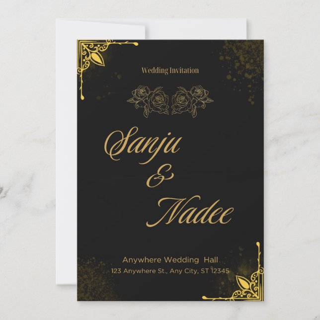 Faire invitation de mariage moderne noir et or (Devant)
