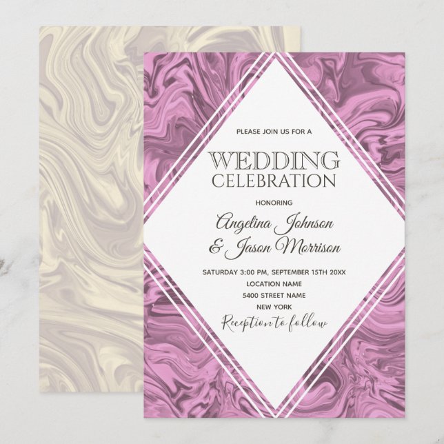 Faire invitation de mariage moderne rose marbré (Devant / Derrière)