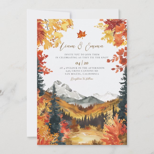 Faire invitation de mariage montagne feuilles d'au (Devant)