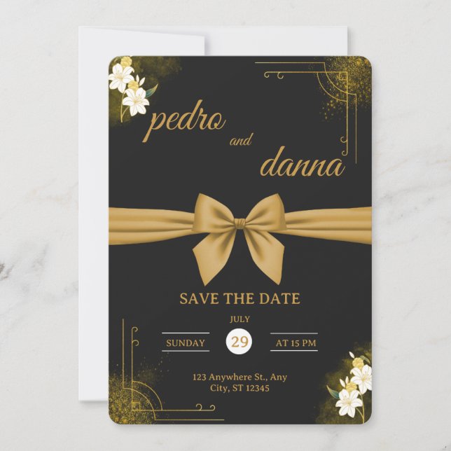 Faire invitation de mariage noir et or (Devant)