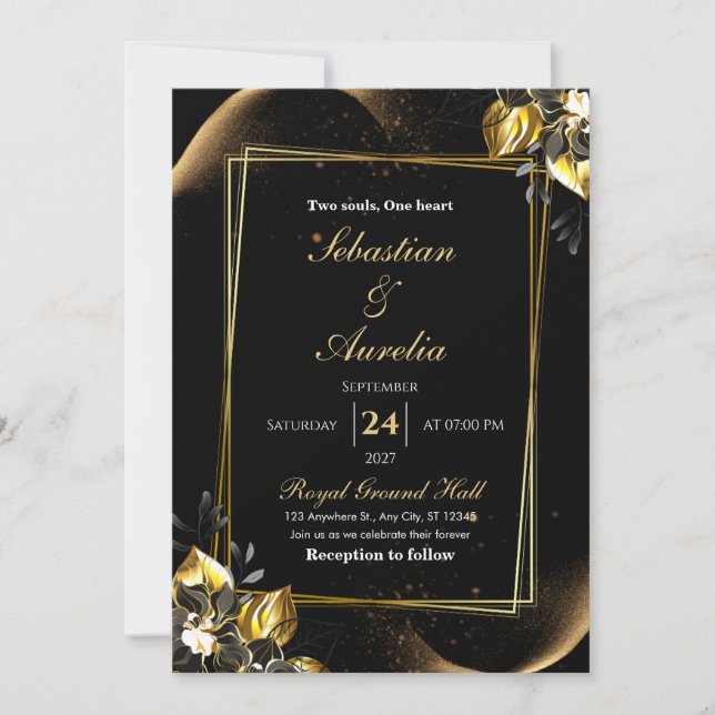Faire invitation de mariage noir et or géométrique (Devant)