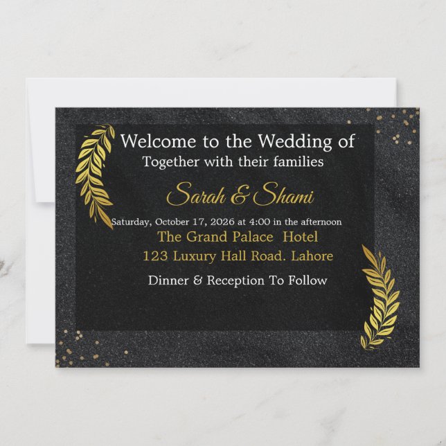 Faire invitation de mariage noir et or pailleté (Devant)