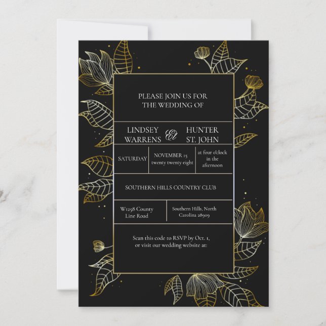 Faire invitation de mariage noir or (Devant)