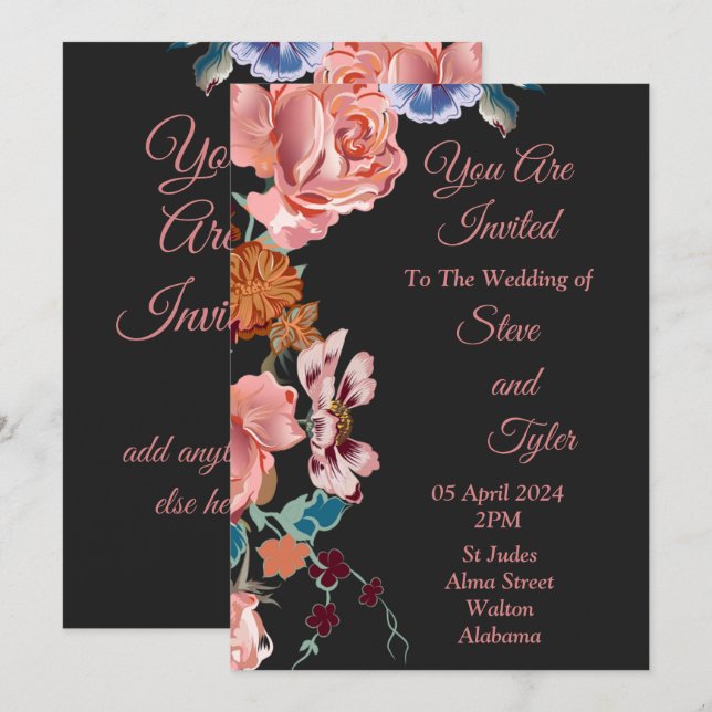 Faire invitation de mariage, noir, rose, bleu (Devant / Derrière)
