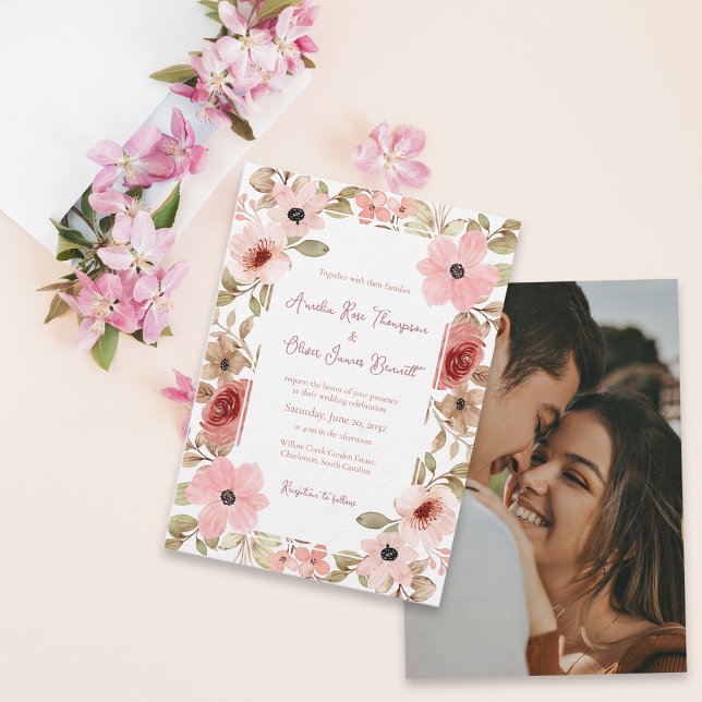 Faire invitation de mariage photo florale rose (Elegant Blush Floral Photo Wedding Invitation)