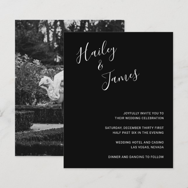 Faire invitation de mariage photo noir élégant et  (Devant / Derrière)