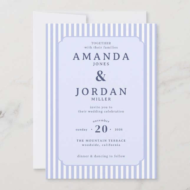 Faire invitation de mariage rayée bleue (Devant)