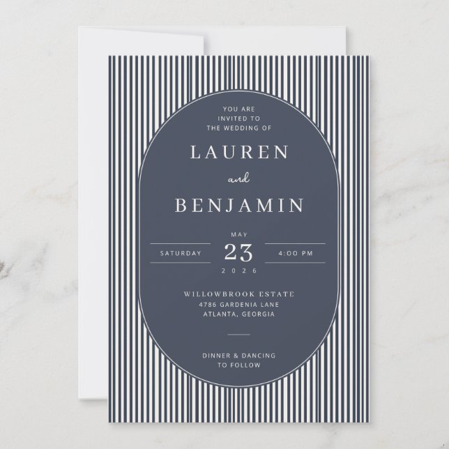 Faire invitation de mariage rayée marine élégante (Devant)