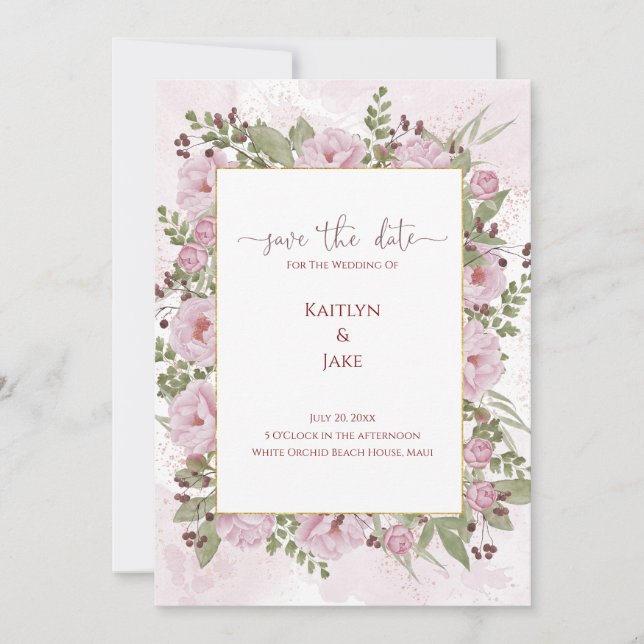 Faire invitation de mariage rose aux pivoines (Devant)