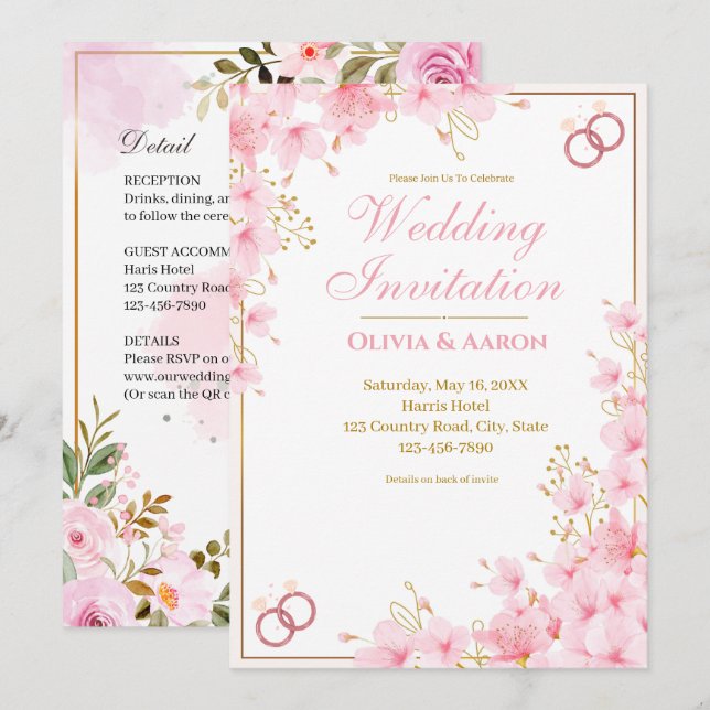 Faire invitation de mariage rose doré Fleur de cer (Devant / Derrière)