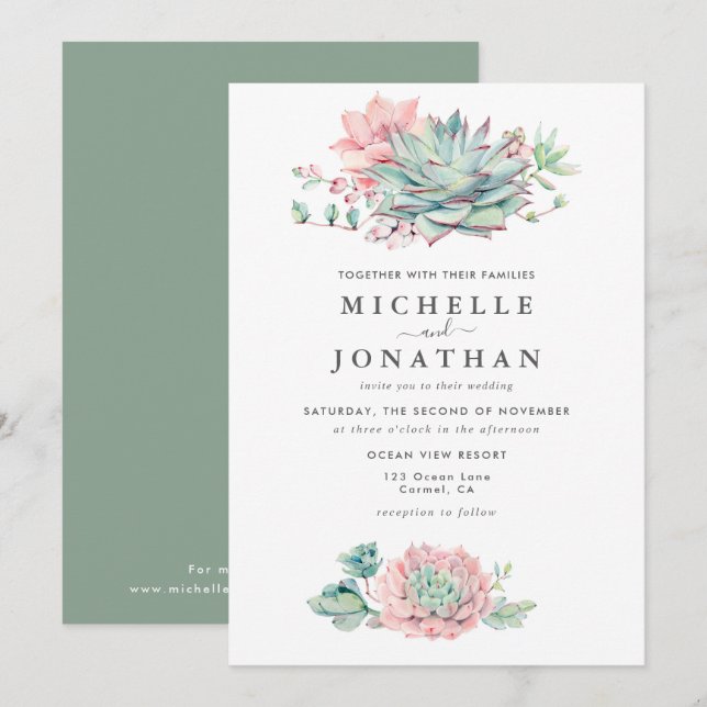 Faire invitation de mariage rose et verte succulen (Devant / Derrière)