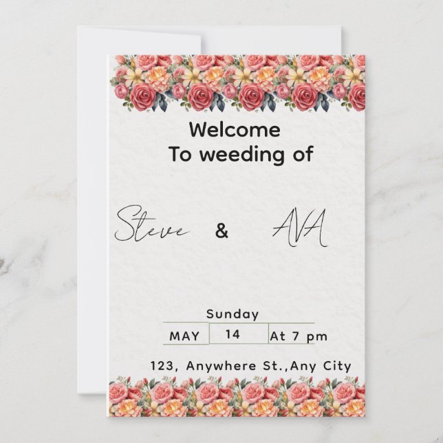 Faire invitation de mariage rose floral | Romantiq (Devant)
