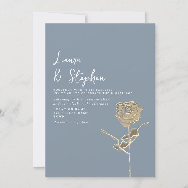 Faire invitation de mariage rose or bleu poussiére (Devant)