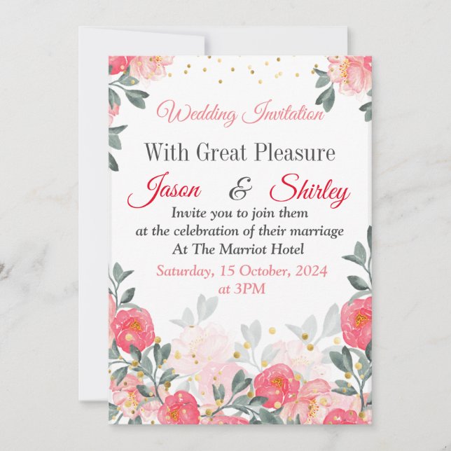Faire invitation de mariage, roses rouges sur fond (Devant)