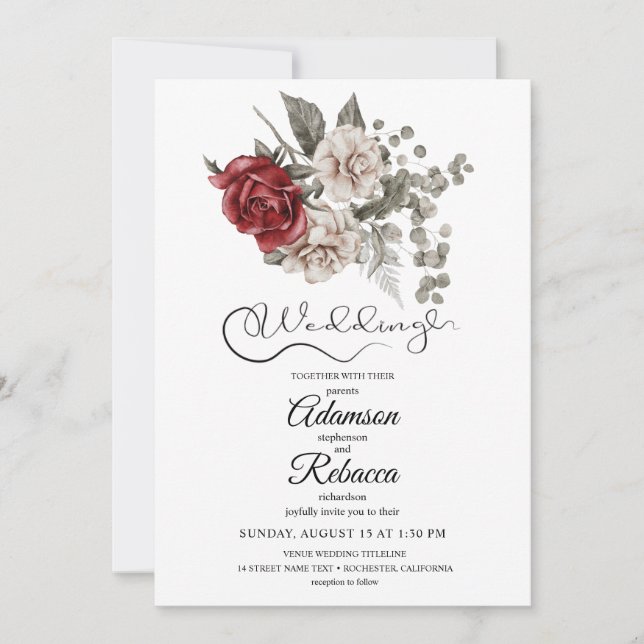 Faire invitation de mariage rustique floral burgun (Devant)