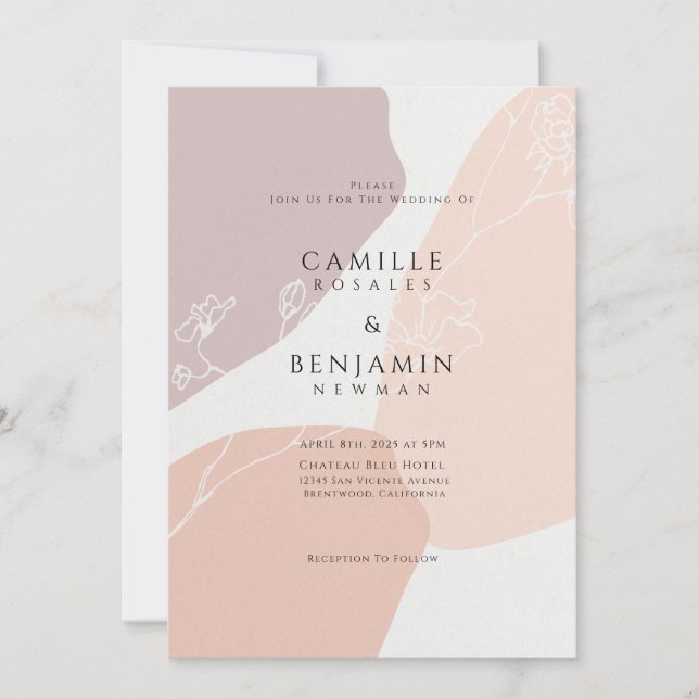 Faire invitation de mariage simple botanique pêche (Devant)