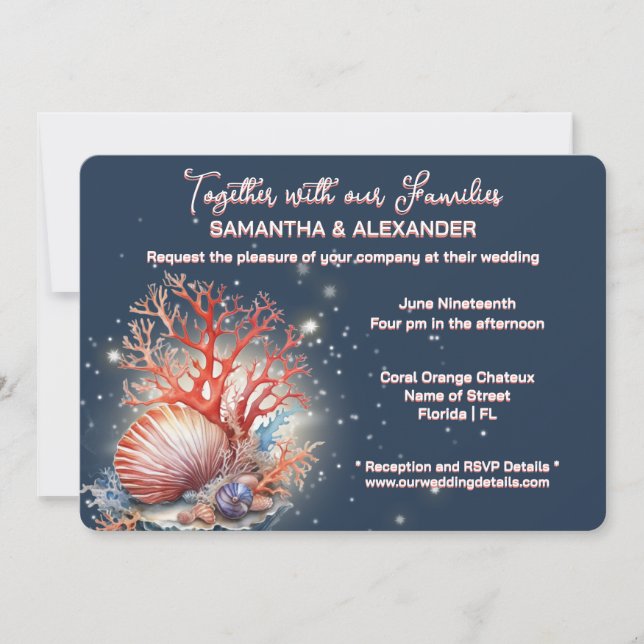 Faire invitation de mariage sur la plage bleu cora (Devant)