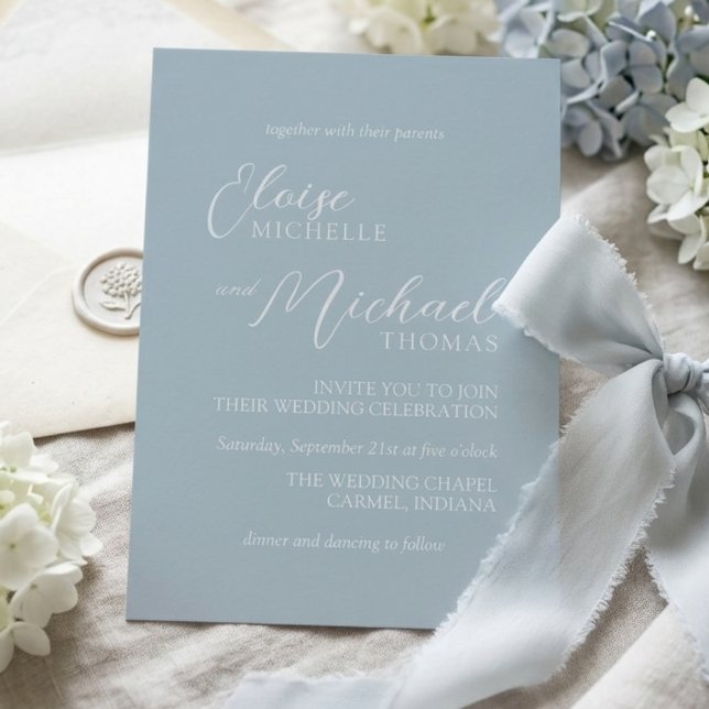 Faire invitation de mariage sur papier bleu côtier (Elegant Coastal Blue Script Wedding Invitation)