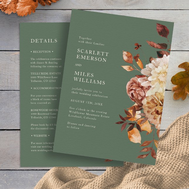 Faire invitation de mariage tout-en-un Automne (Elegant Fall Sage Green Taupe All In One Wedding Invitation by Painted Paperie
)