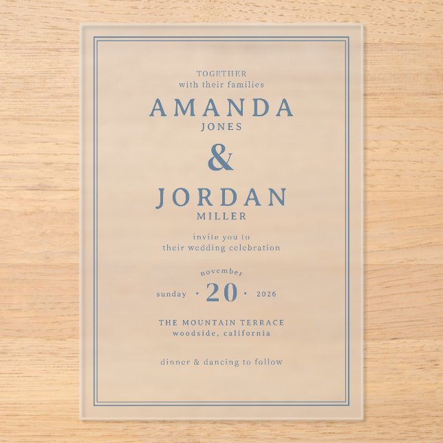 Faire invitation de mariage typographique bleu élé (Recto)