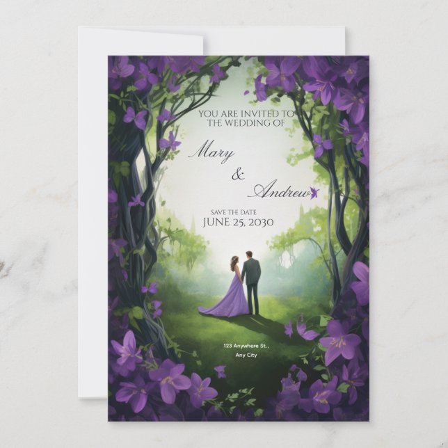 Faire invitation de mariage vert et violet (Devant)