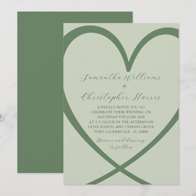 Faire invitation de mariage vert sauge Elegant Hea (Devant / Derrière)