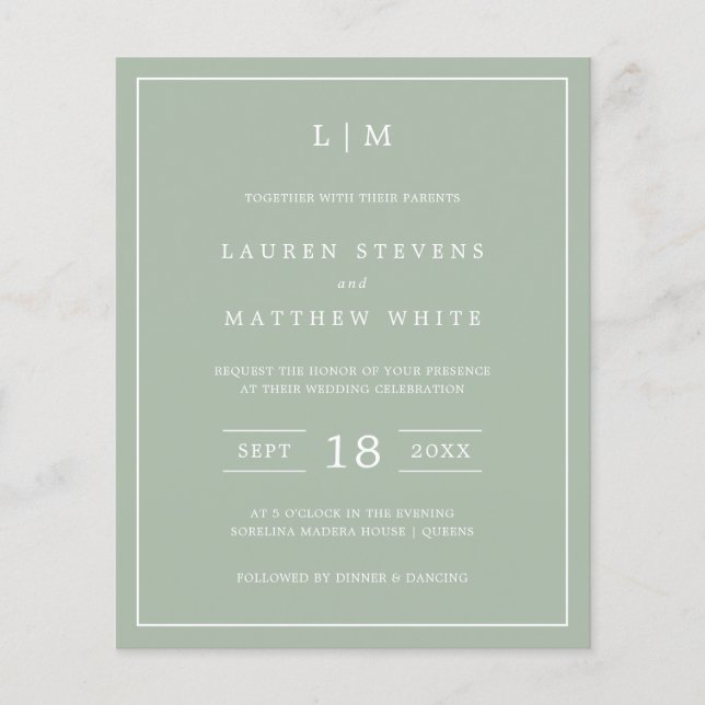 Faire invitation de mariage vert sauge monochrome (Devant)