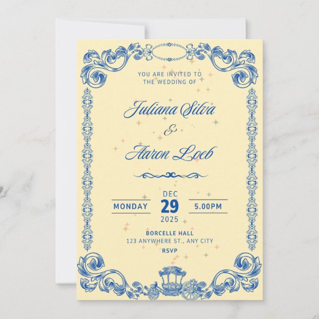 Faire Invitation de Mariage Vintage Bleu Royal Élé (Devant)