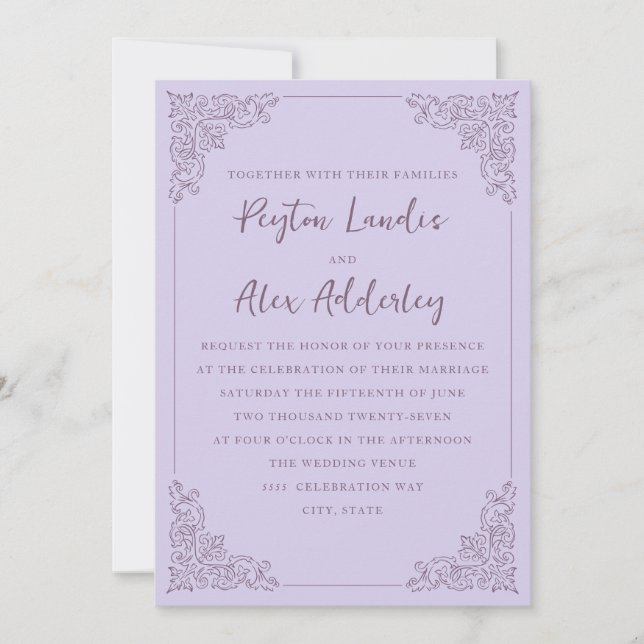Faire invitation de mariage vintage lilas violet (Devant)