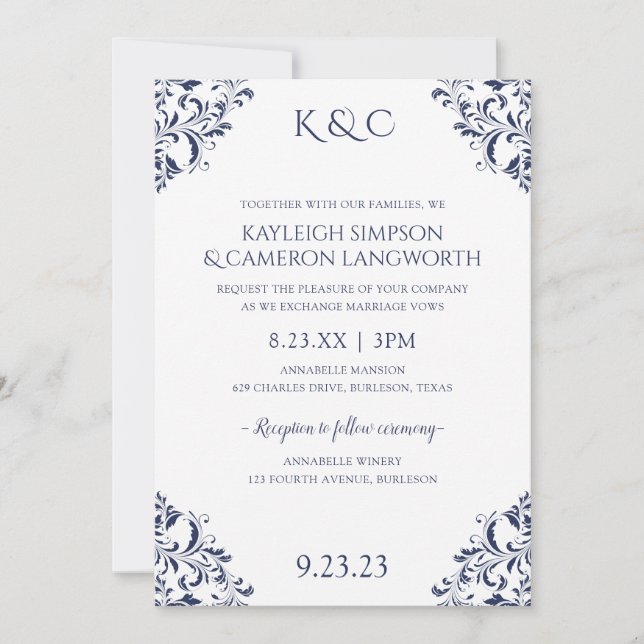 Faire invitation de mariage vintage | Navy 2 (Devant)