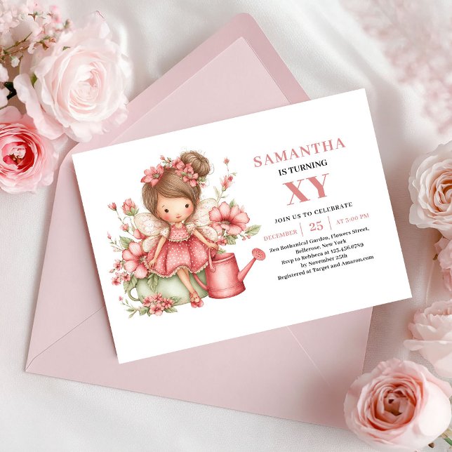 Faire invitation florale rose pour les 5 ans de la (Cute Fairy Girl 5th Birthday Blush Floral Invitation)