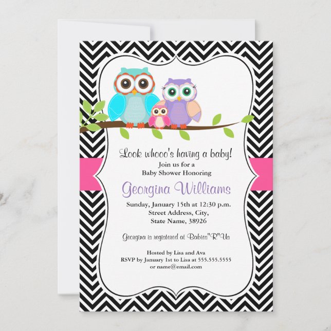 Faire invitation pour Baby Shower Fille Chouette (Devant)