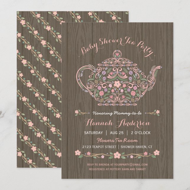 Faire invitation pour Baby Shower fille Thèière de (Devant / Derrière)