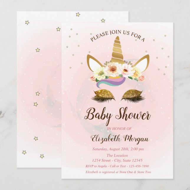 Faire Invitation pour Baby Shower Licorne Étoiles (Devant / Derrière)