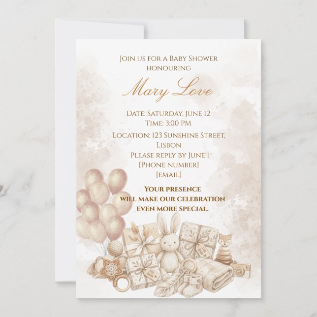 Faire invitation pour Baby Shower Marron et Pastel (Devant)