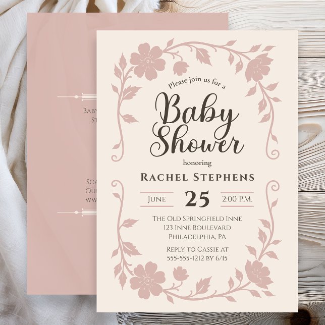 Faire Invitation Rose pour Baby Shower Élégant sur (Elegant botanical baby shower invitation with soft blush floral frame on neutral background )