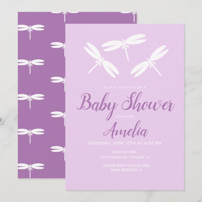 Faire invitations de Baby Shower  Dragonflies Viol (Devant / Derrière)