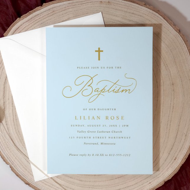 Faire invitations de baptême croix bleu garçon (Light blue boy’s baptism invitation with gold script and cross—classic and customizable.)