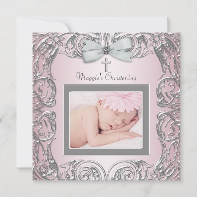 Faire invitations de baptême rose et gris (Devant)