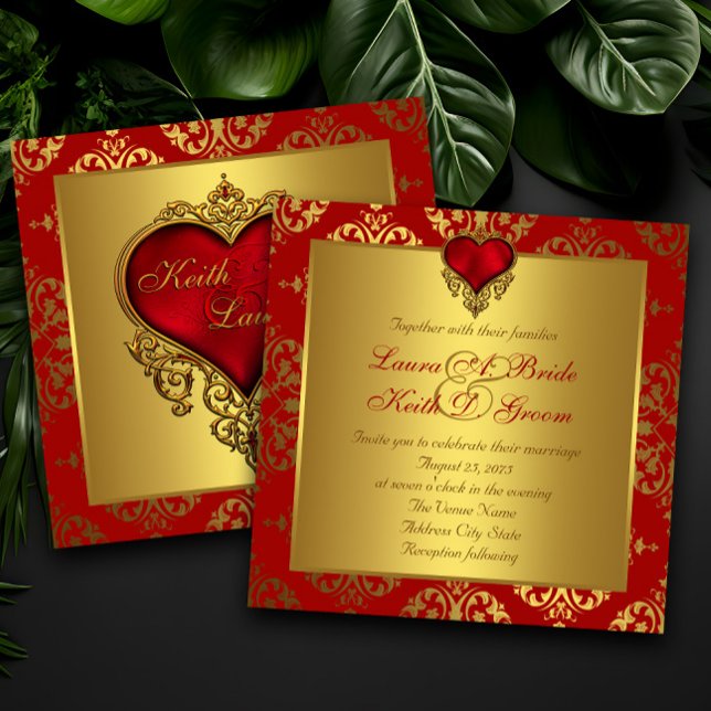 Faire invitations de mariage rouge et or en forme  (Beautiful red and gold heart wedding and any occasion invitation. Simply add your event details.)
