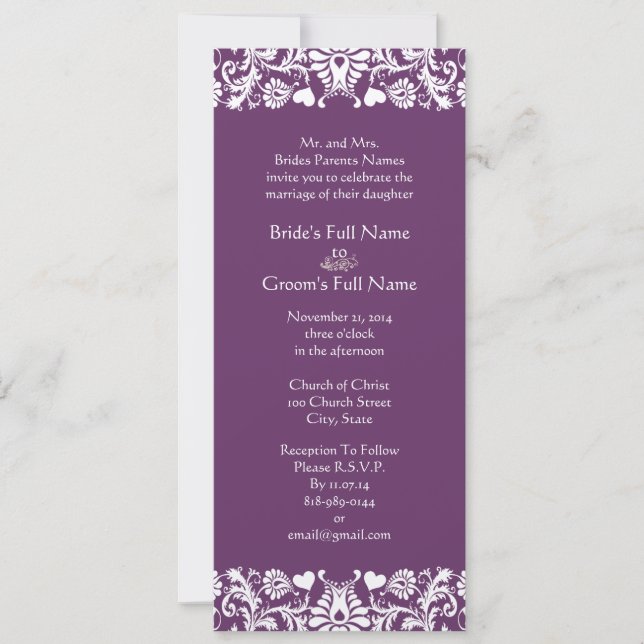 Faire Invitations de Mariage Vintage prune damassé (Devant)