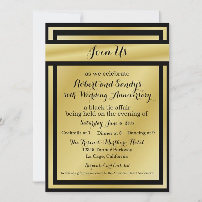 Faire les invitations 50 ans de mariage noir et or (Devant)