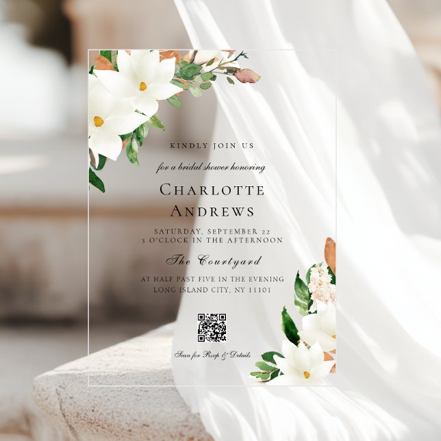 Faire Magnolia Floral Code QR Invitation de Salle  (Elegant Floral Magnolia QR Code Wedding Acrylic Invitations)
