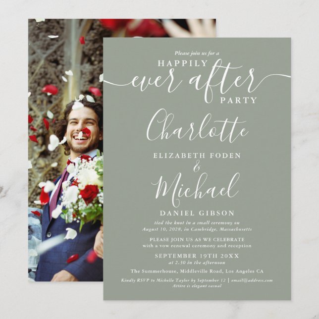 Faire Mariage Vert Sage Invitation Photo de Mariag (Devant / Derrière)